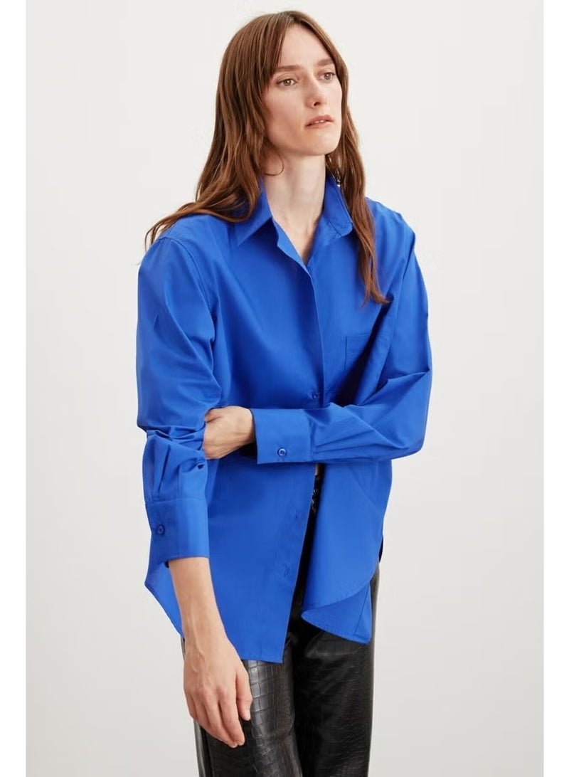 GRIMELANGE Celia Women's 100% Cotton Oversize Pattern Single Pocket Long Navy Blue Shirt - Image 3